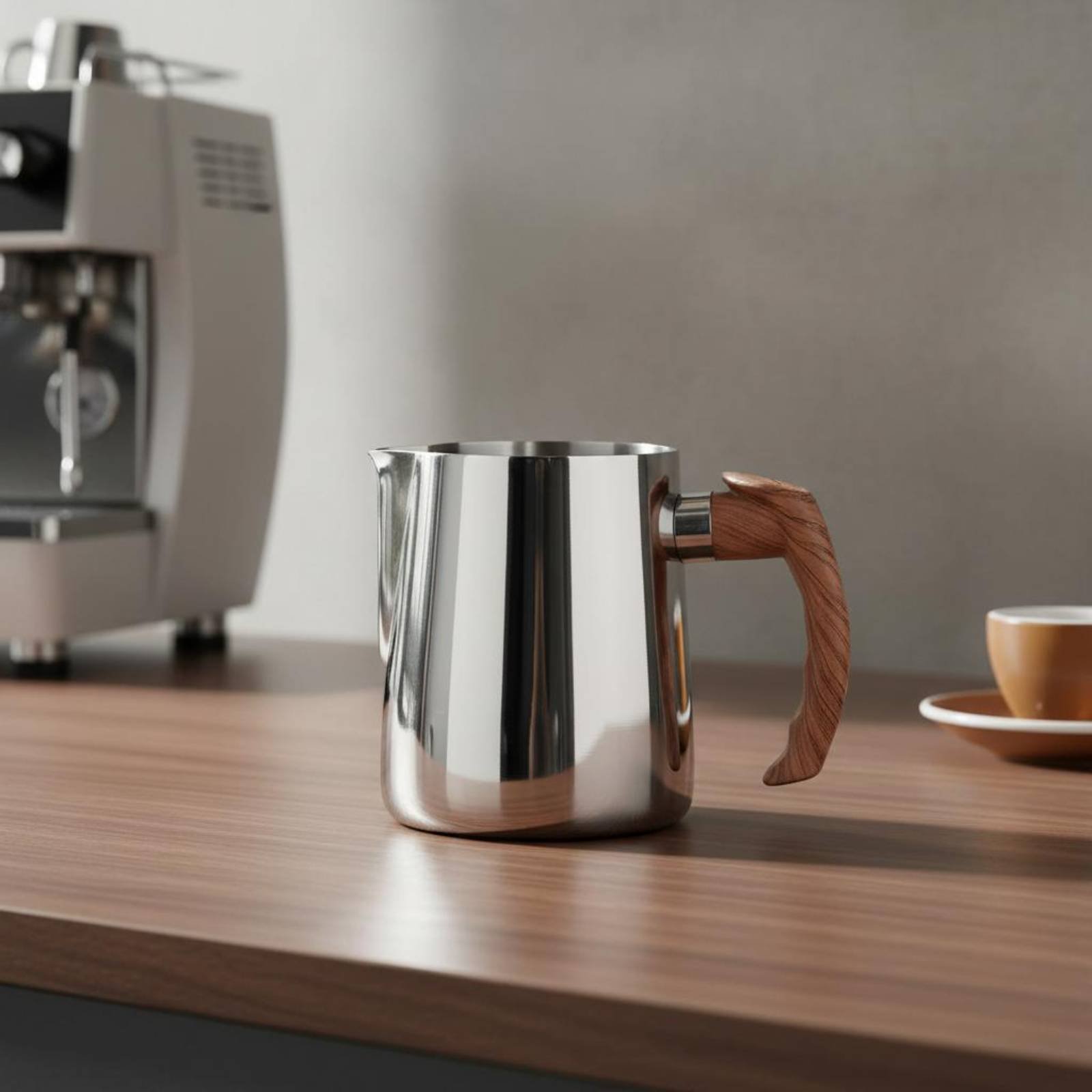 Milk Steaming Pitcher - Jug Latte Art dengan Gagang Kayu,